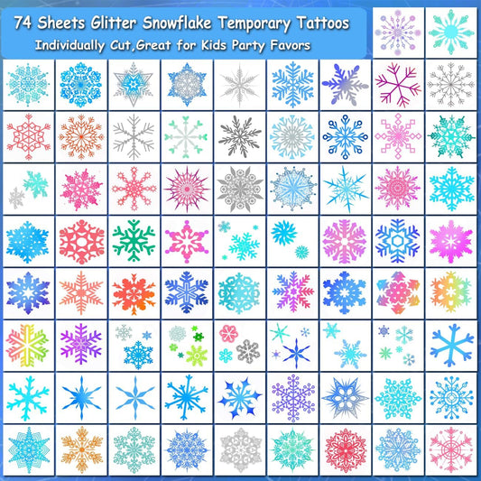 CHARLENT Glitter Snowflake Temporary Tattoos for Kids Party Supplies - 74 Individually Sheets Glitter Winter Snowflake Tattoos for Boys Girls Holiday Party Favors