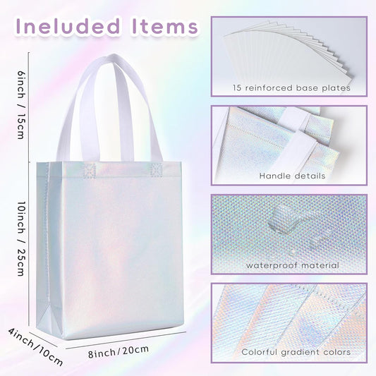 DELICAT 15 Pcs Iridescent Glossy Gift Bags with Handles 8x4x10 Inch,Holographic Reusable Gift Bags Medium Size & Sturdy Base, Holiday Goodie Bag suitable for Birthday,Party Favors,Wedding,Baby Shower