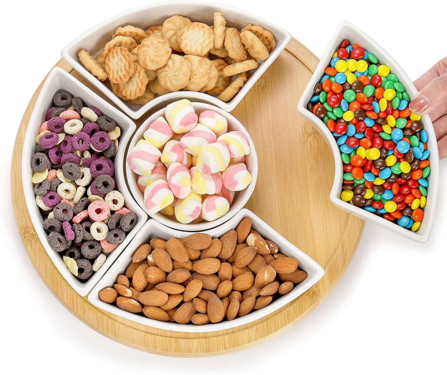 Lyellfe Divided Serving Dish Lazy Susan, 360° Rotatable Porcelain Appetizer Snack Tray Platter for Fruit, Veggies, Candy, Relish Tray for Christmas Thanksgiving Party, 5 Removable Compartment, White