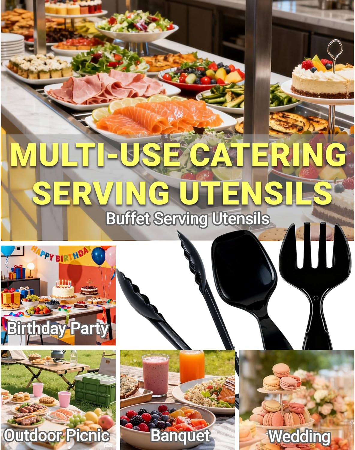 Disposable Black Plastic Spoons, Forks, Tongs | 12-Set (36 Pcs) Serving Utensils Set for Catering, Buffets, Parties, Events, Weddings, Picnics, Banquets, Daily Meals, Heavy-Duty Cutlery for Daily Use