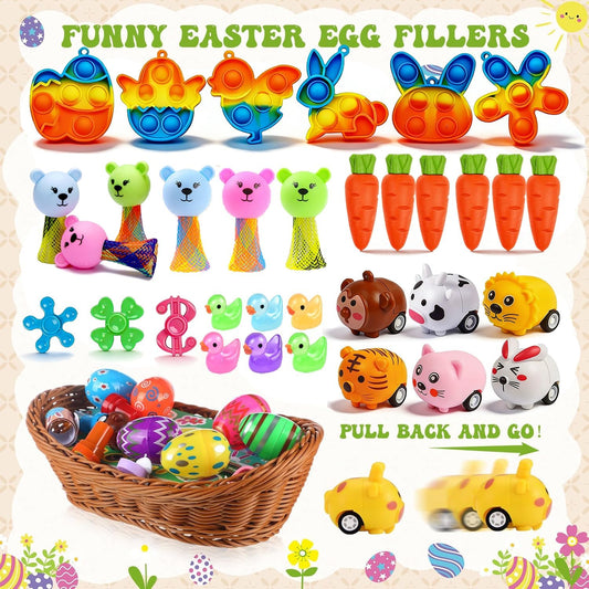 132 Pcs Easter Egg Fillers for Kids Boys Girls,Easter Basket Stuffers,Easter Party Favors Assorted Toys,Easter Eggs Hunt Gifts for Toddlers Teens Goodie Bag Stuffers Filling Treats Classroom Prizes