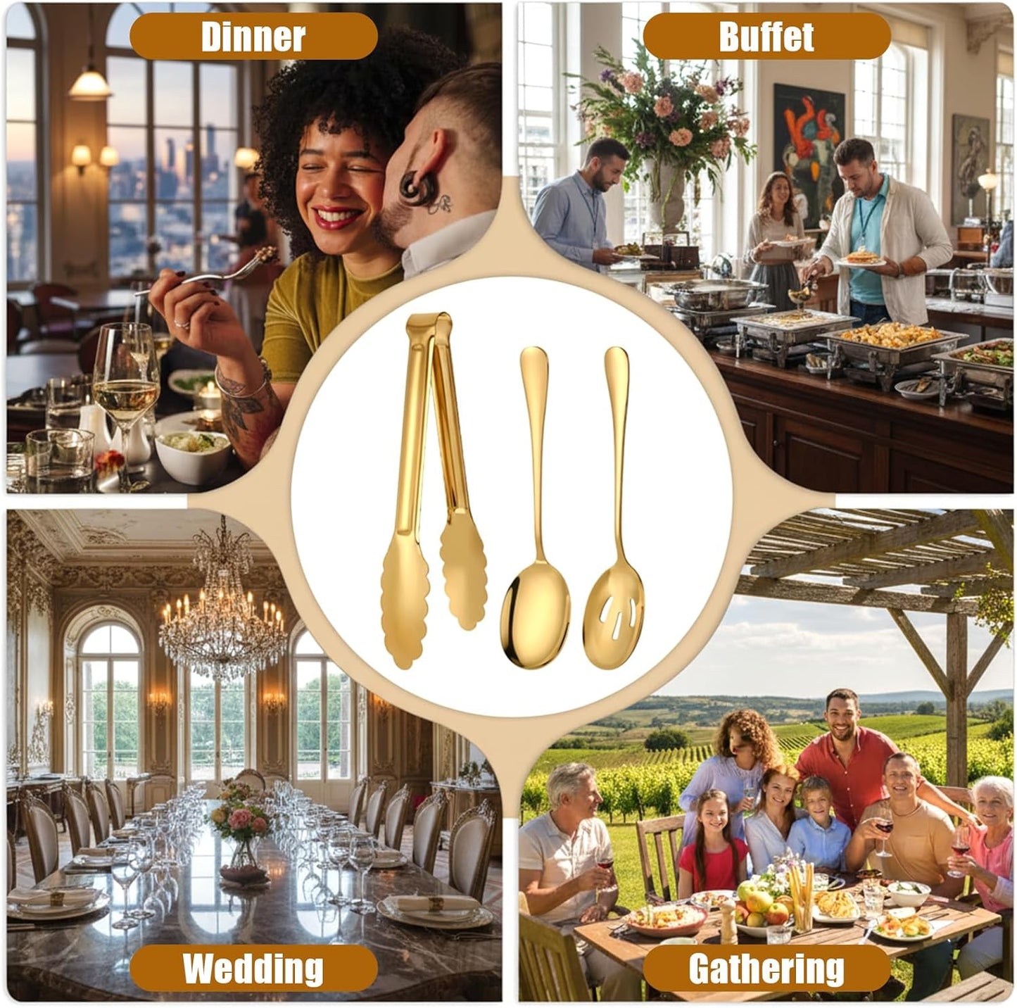 12 PCS Gold Stainless Steel Serving Utensils, Large Serving Spoons Slotted Spoons Servings Tongs Appetizer Tongs Polished Gold Servings Utensils Set for Buffet Catering Banquet Party