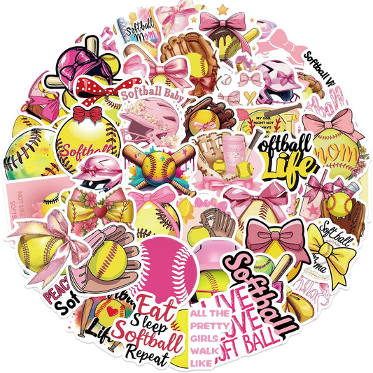 50PCS Pink Coquettte Bows Softball Stickers, Cute Motivational Vinyl Waterproof Stickers for Water Bottles,Helmets, Luggage, Teaching Incentives, Softball Gifts for Girls Kids, Teens and Adults