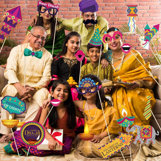 KYMY Happy Diwali Party Photo Booth Props Set, 1pc Deepavali Rangoli Selfie Frame with 20pcs Photo Booth Props, India Festival of Lights Party Favors for Hindu Diwali Themed Decorations Supplies