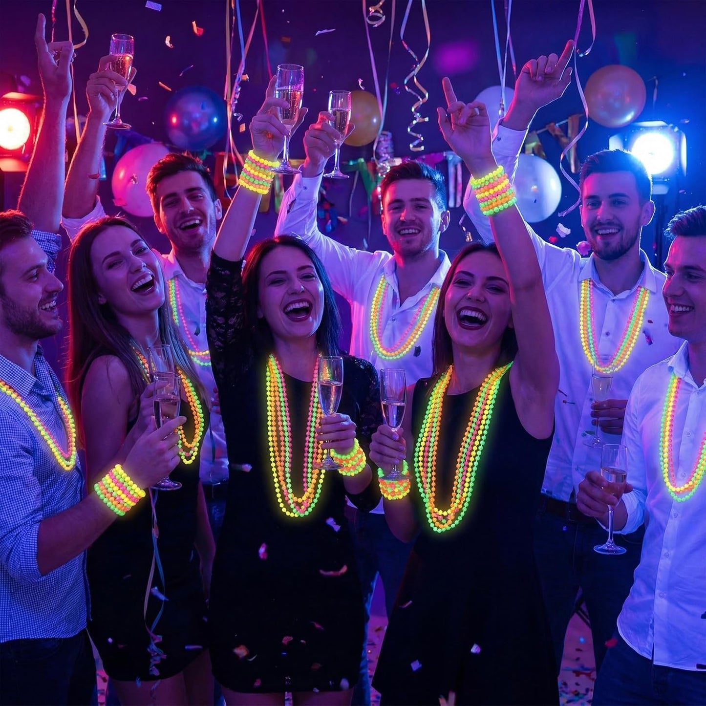 12 Pack Neon Glow in The Dark Beaded Necklaces Accessories Bulk 16 Inch for Halloween 80s Party Favors Decorations
