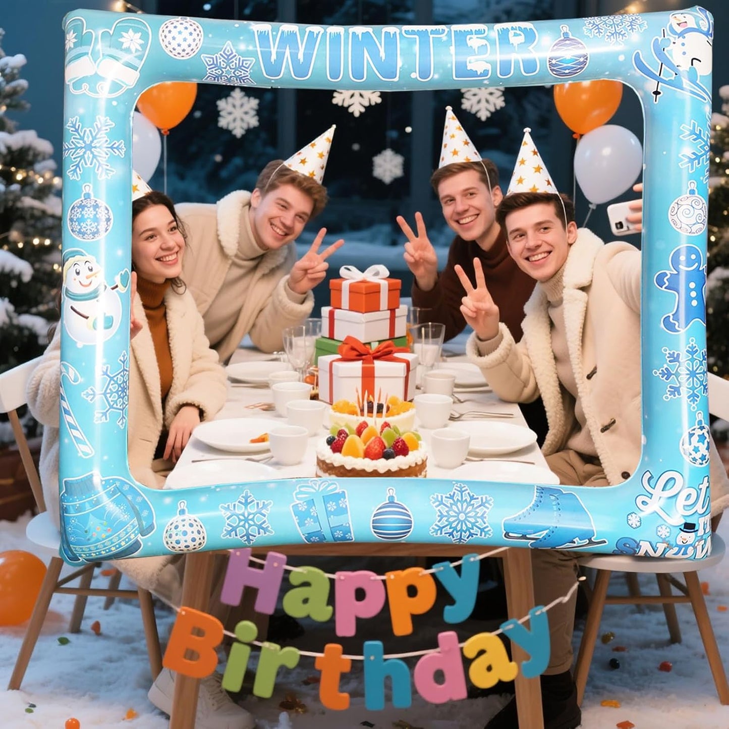 Giant Winter Wonderland Inflatable Photo Photo Frame, Funny Winter Photo Booth Props for Snowman Snowflakes Christmas Frozen Winter Party Decorations Supplies