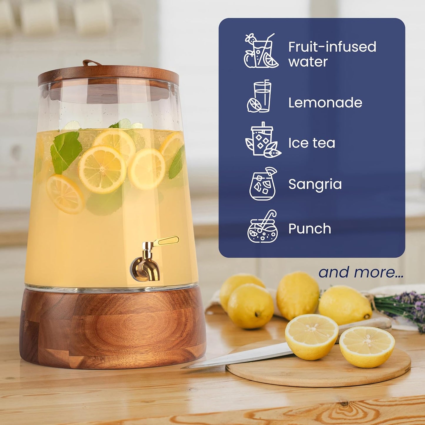FOODLE Large Glass Drink Dispenser with Spigot - Glass Beverage Dispenser with Stand - Perfect for Parties & Weddings - Pitcher for Lemonade, Water, Sangria, Punch & Juice - Leakproof - 1.72 Gallon