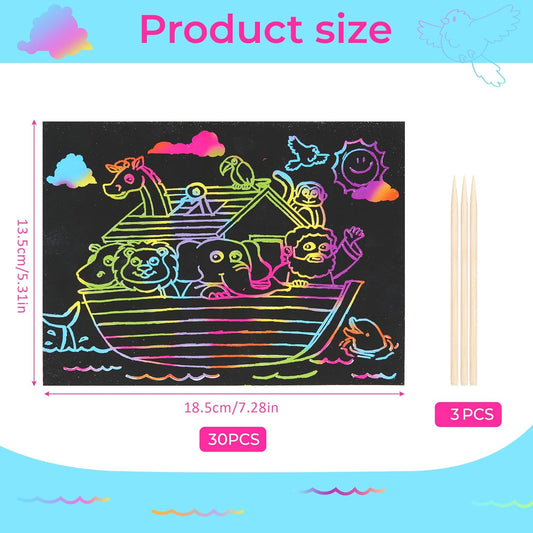 Defresit Noah’s Ark Scratch Art Kit – 30 Rainbow Scratch Paper with Stylus, Bible Story & Sunday School Craft Activity, Classroom Art Project Supplies, Creative DIY Party Favors