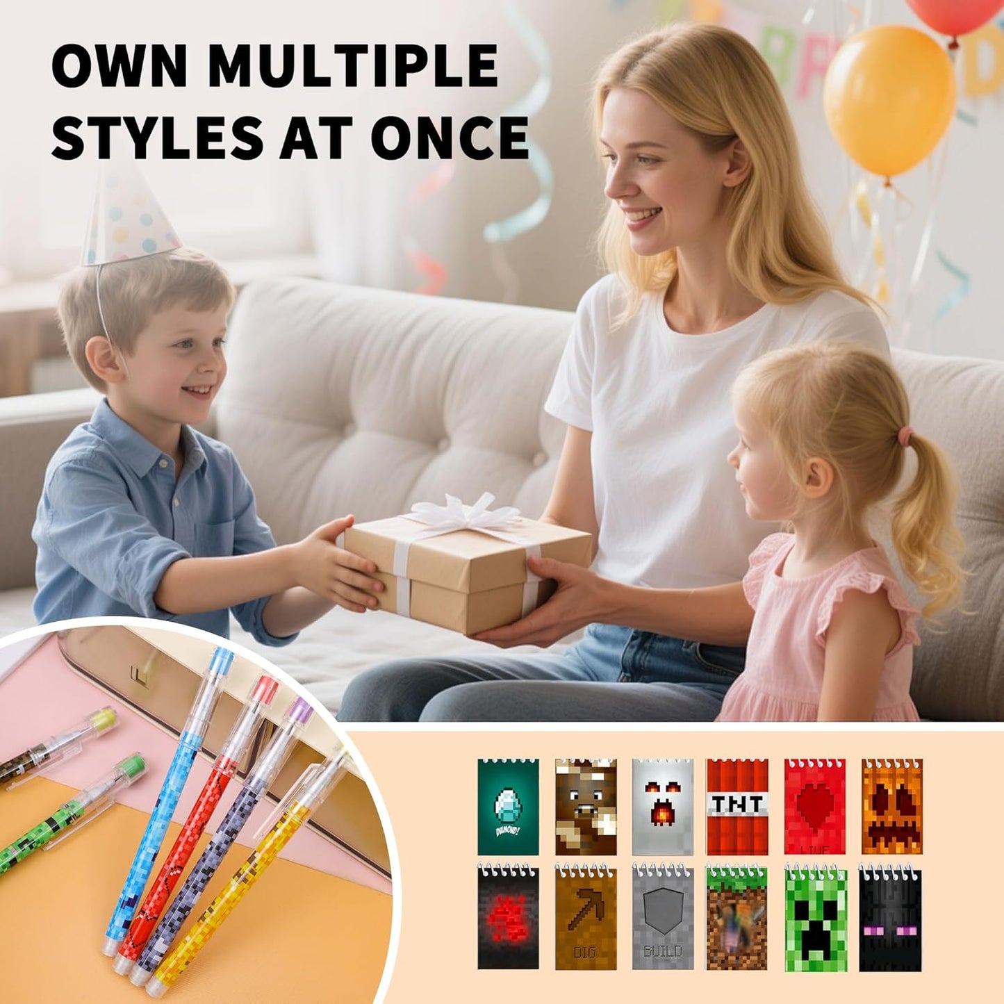 48-Piece Pixel-Style Party Gift Set – 24 Mini Spiral Notebooks and 24 Patterned Pencils, Perfect for Birthday Gift Bags, Class Rewards, School Gifts (48 pieces)