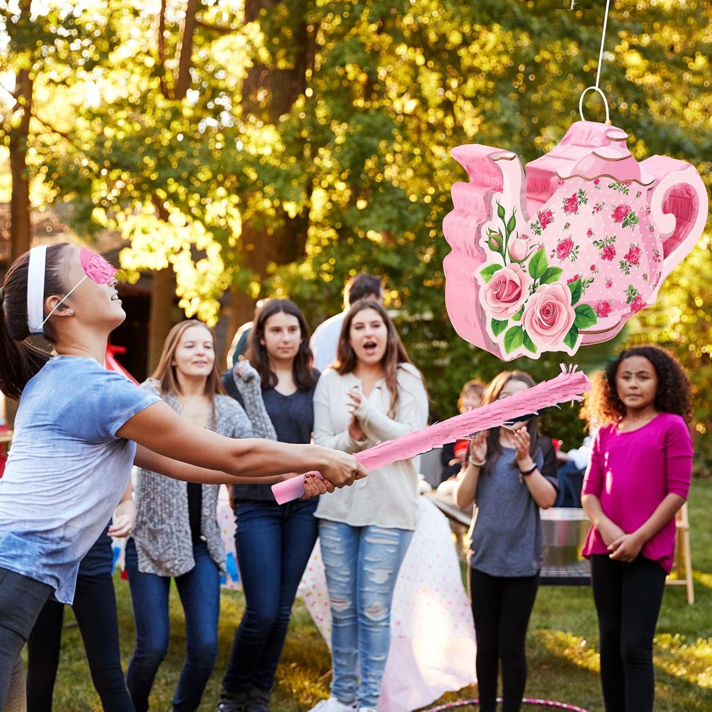 Aoriher 4 Pieces Tea Party Piñatas Tea Flower Themed Decorations Teapot Small Piñata Bundle with Blindfold and Stick Teacup Party Supplies Favors for Birthday(Pink,Teapot)