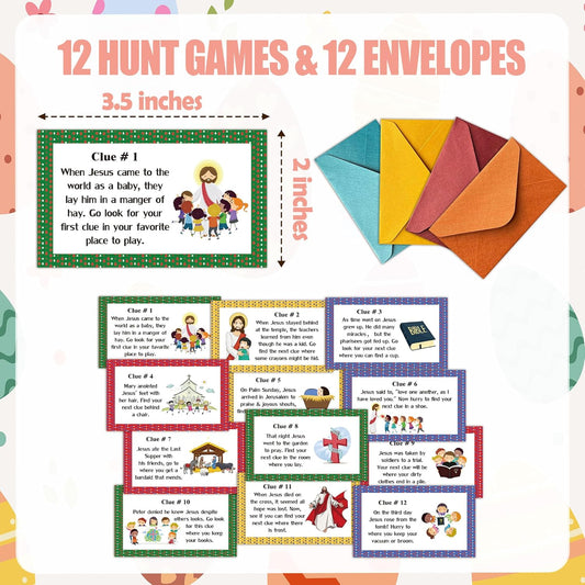 Rainfly Religious Scavenger Hunt, Indoor Clue Card Games, Christian Treasure Hunt Clues Cards, Sunday Holy Week Easter Party Supplies For Family Adults (12 Clues Cards With Envelopes) -A03