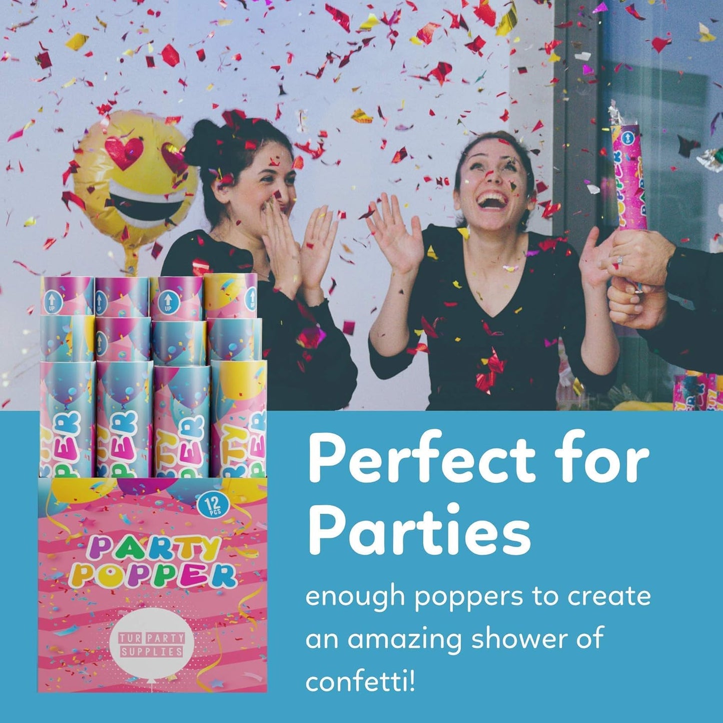 Confetti Poppers Confetti Cannon | 12 Pack | Glitter Multicolor | Party Poppers for Graduation, Birthday, Wedding | Alternative to Fireworks Smoke Bombs | Launches 25 ft | 12 inch | TUR Party Supplies