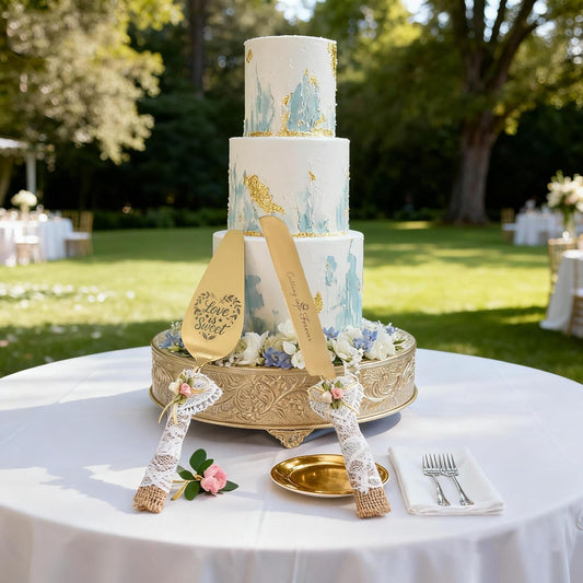 Wedding Cake Knife and Server Set – 10.83" Serrated Knife & 9.84" Server with Rustic Lace Burlap Handles, Stainless Steel Blades, for Bride & Groom, Anniversary & Engagement Gift(gold)