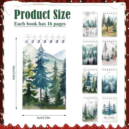 Konsait Christmas Tree Notepads, Watercolor Pine Tree Mini Spiral Notebooks Xmas Note Pads Message Reminder for Christmas Office Supplies Christmas School Party Favors (8 Pieces)