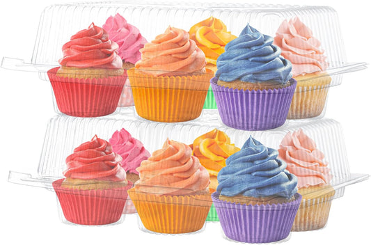 Plastic Cupcake Containers Boxes | 12 Compartment – 8 Pack | Disposable High Dome Dozen Cupcake Holder With Lid Bulk | Extra Sturdy Stackable Cupcake Boxes | Durable Muffin Packaging Transporter To Go