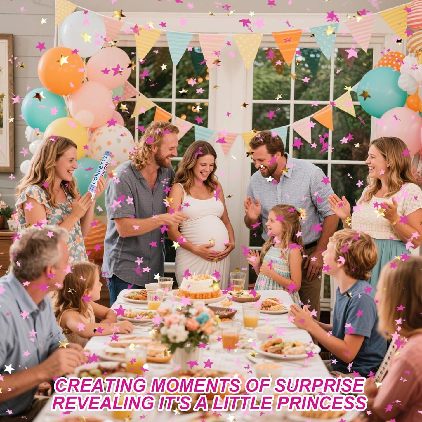 2 Pack Gender Reveal Confetti Cannon, 12 in Pink Square shaped Paper Party Poppers Cannons, Confetti Poppers For Baby Girl Gender Reveal Baby Showers (Square, Pink)