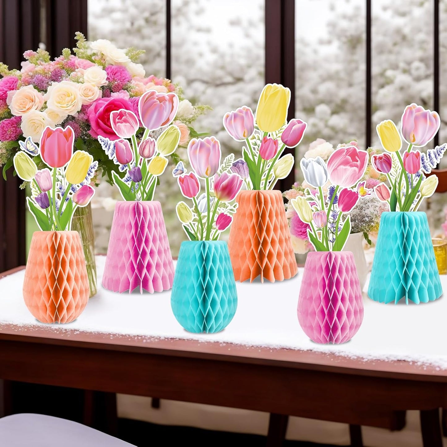 12pcs Tulip Honeycomb Centerpieces 3D Tulip Flower Party Decorations Spring Floral Honeycomb Centerpieces Decor Party Supplies for Spring Garden Wedding Birthday Mother's Day Baby Shower Decor