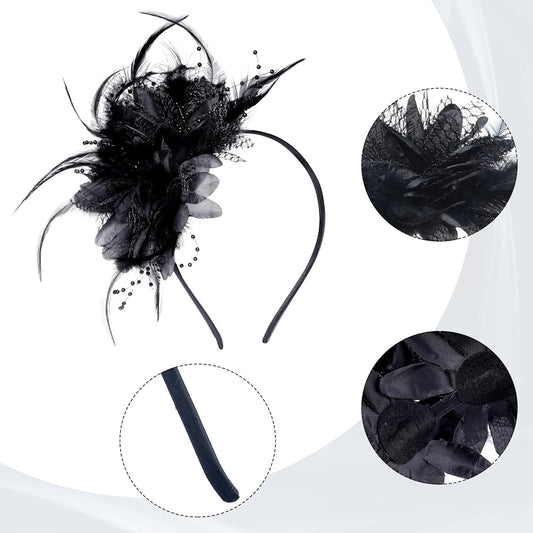 Fascinators Hats for Women and Tea Party Gloves Set, Headband with Feather Pearl Veil for Wedding Cocktail Dresses