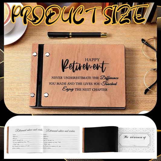 Skyygemm Wood Retirement Guest Book with Signature Pen Retirement Party Decorations Supplies Gifts for Women Men Office Colleague Advice and Wishes(Happy Retirement)