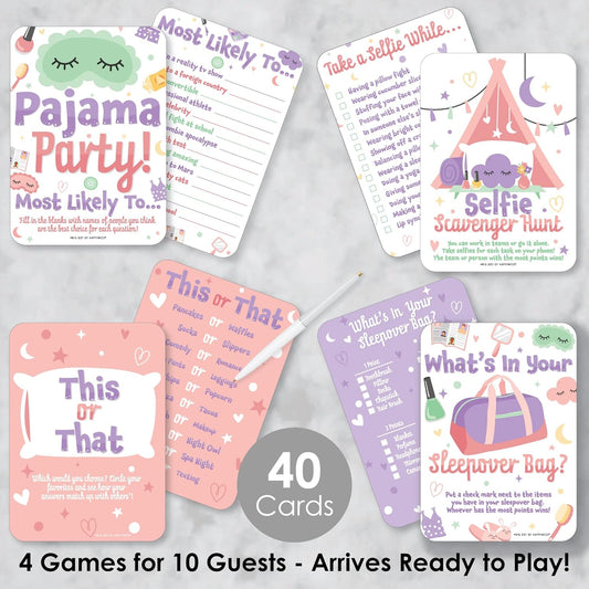 Big Dot of Happiness Pajama Slumber Party - Sleepover Activities & Games for 4 Girls, Birthday Party Group Games, Gamerific Bundle for Kids Parties - 10 Cards