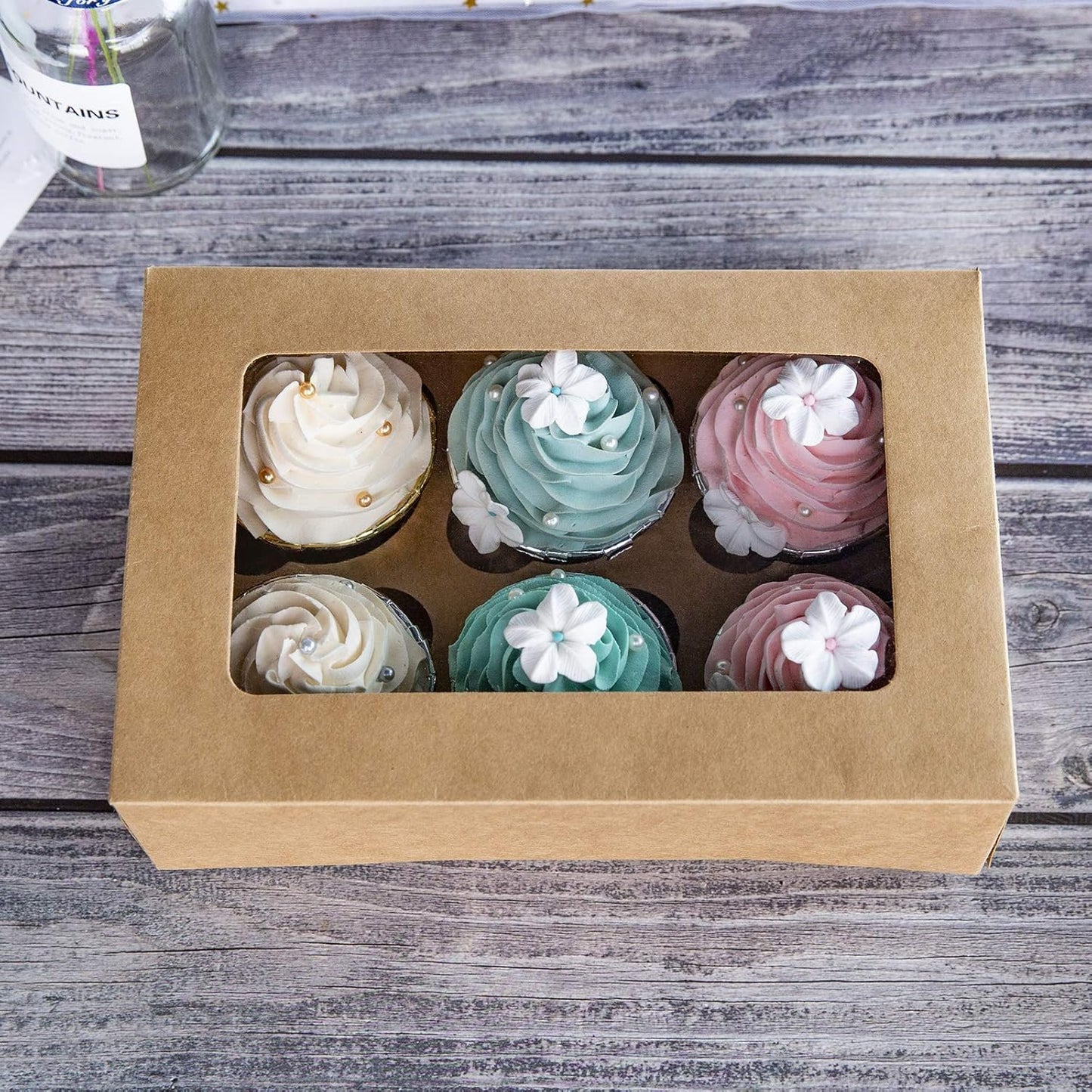 ONE MORE Cupcake Boxes with Inserts 6 Holders,9.5x6.3x3inch Large Brown Kraft Standard Bakery Boxes with Window Food Grade Cake Carrier Container for Muffins Gift Treat Box Bulk,Pack of 15