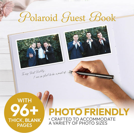 Polaroid Wedding Guest Book — 100 Blank Pages, 9×7" Elegant Hardcover Gold Foil Guestbook with Table Sign - Sign-in Photo Guest Book for Wedding Reception, Bridal Party & Baby Shower, White
