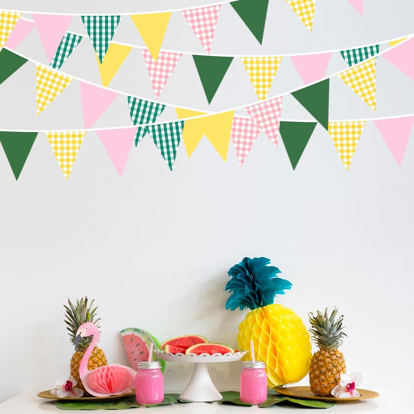 32Ft Dusty Blue Party Decorations Retro Blue Gingham Triangle Banner Flag Pennant Fabric Garland Streamers for Nautical Wedding Birthday Ahoy Achor Bridal Baby Shower Under The Sea Decor Supplies