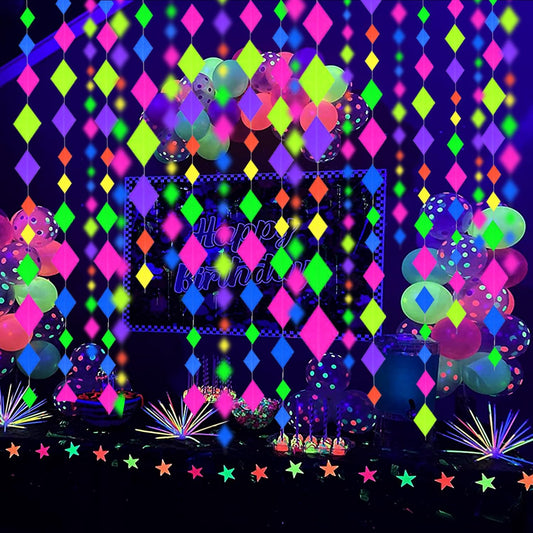 56 Pieces Rainbow Hanging Swirl Decorations Neon Swirl Streamers UV Neon Garland Ceiling Decorations Glow in The Dark Neon Party Supplies and Decorations Black Light Party Kit for Birthday Wedding