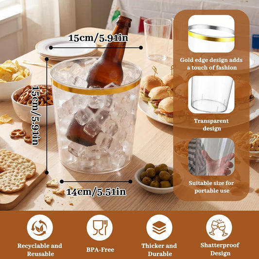 Ice Buckets Bulk, 6 Liter Plastic Round Ice Buckets, Disposable Storage Drink Tub or Party Bar Wine Beer Champagne Beverage Bottle Cooler(Clear,Gold Rim and Glitter,12 Pcs)
