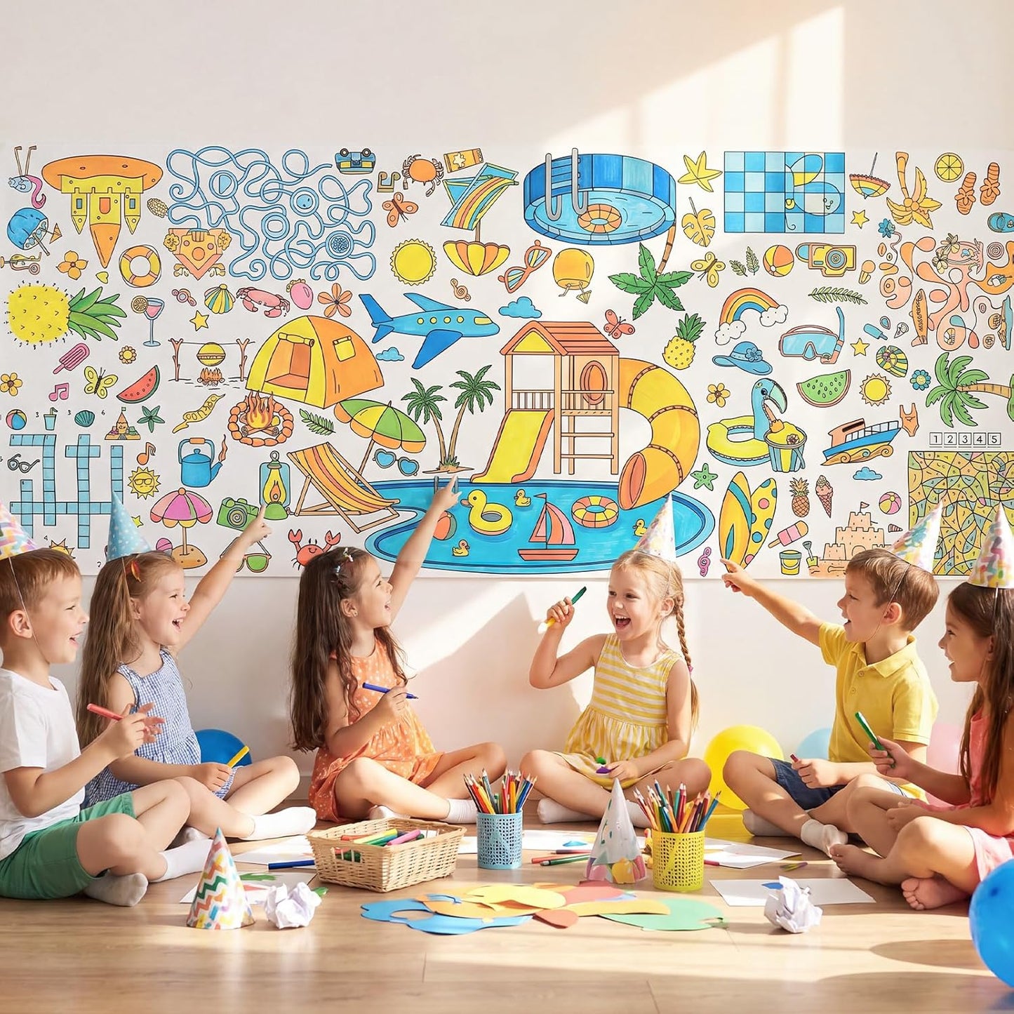 Happy Birthday Giant Coloring Poster/Tablecloth, 30 x 72 Inch Birthday Craft for Kids Art Crafts Paper Banner Kid Games Activities,Coloring Tablecloth Crafts for Classroom Wall School Home Parties