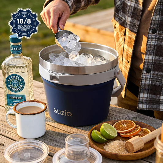 BUZIO 7 L Ice Bucket for Parties with Lid and Scoop & Tongs, Vacuum Insulated Stainless Steel Ice Buckets with Handle and Adjustable Shoulder Strap, Large Beverage Bucket for Cocktail Bar, Blue