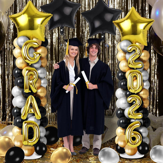 2 Sets Graduation Balloon Column Stand Kits with Balloons 2026 Grad Themed Decoration Navy Blue Balloon Tower Stand Kit for Grad High School & College Celebration Party Decor