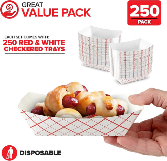 Stock Your Home 100-Pack 3 lb Paper Food Trays – Red & White Checkered Disposable Paper Food Boats, Eco-Friendly Serving Trays for Concessions, Nachos, Snacks & Condiments – 5.75" x 3"