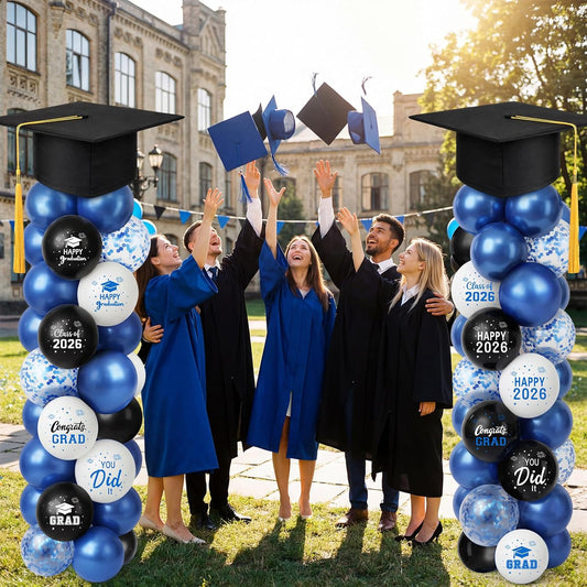 Thenshop 2 Sets Graduation Balloon Column Stand Kit 2026- Black Blue Balloon Tower Stand Kit with 100 Balloons with 7ft Adjustable Height with Paper Grad Cap Toppers for Grad Party Decor Supplies
