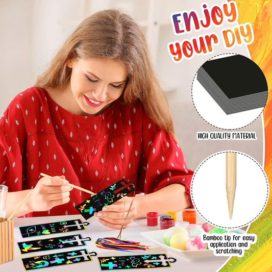 Eersida 100 Pcs Christian Cross Scratch Cards Cross Ornaments DIY Bookmarks Paper Cards Rainbow Color Craft Kit Scratch Off Paper Religious Party Favors Easter Baptism Birthday Gifts Church Decor