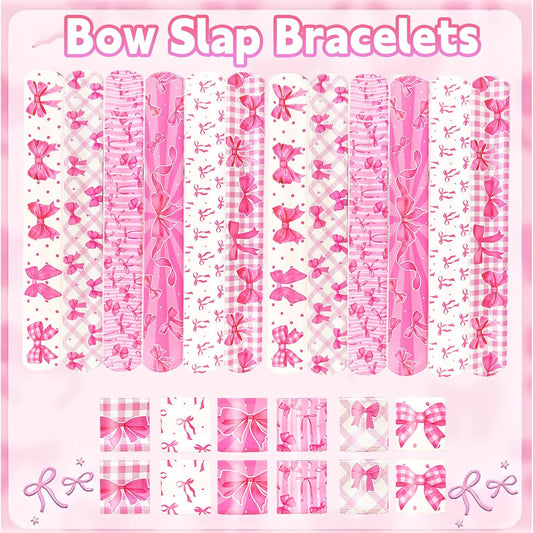 24PCS Bow Party Favors Bowkont Birthday Supplies Bowkont Theme Party Supplies Pink Bows Slap Bracelets