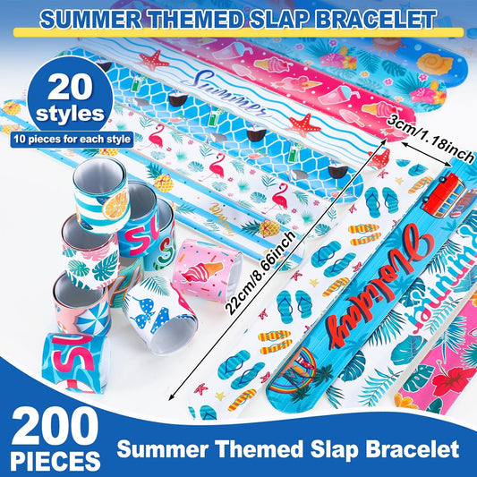 200 Pcs Summer Slap Bracelets Bulk Hawaiian Theme Slap Bracelets Beach Ocean Theme Snap Wristband Tropical Luau Party Favors for Birthday Classroom Prizes Exchanging Gifts
