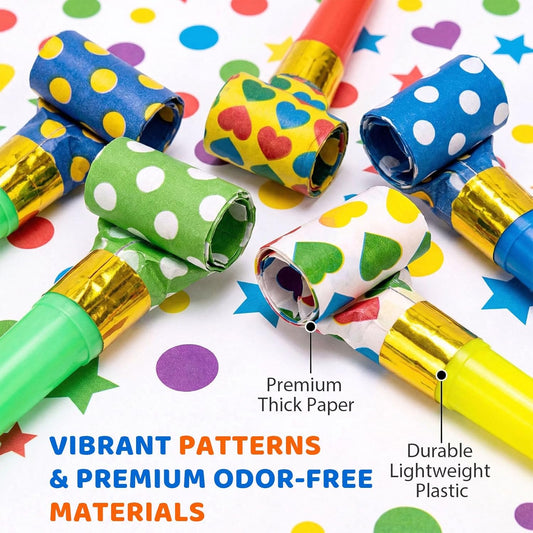 LovesTown 40 Pcs Party Blowers Bulk, Colorful Noisemakers for Kids - Assorted Patterned Birthday Blowouts, Fun Party Whistles & Horns for New Year's Eve, Celebration Favors
