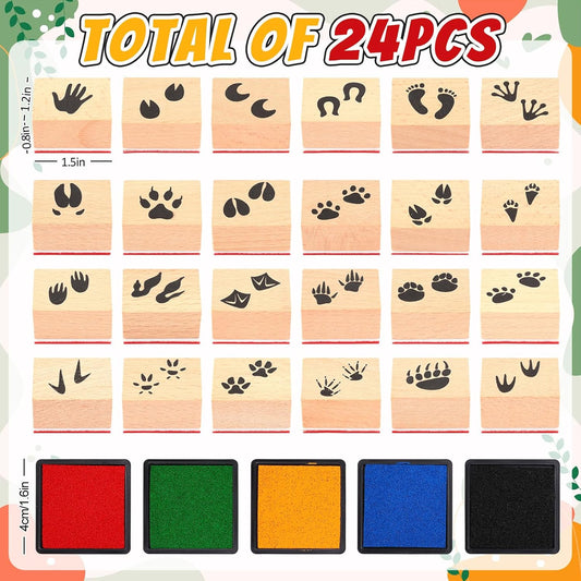 Whaline 29 Pcs Cartoon Animal Wooden Rubber Stamps with Ink Pads Cute Cartoon Pattern DIY Craft Stamps for Party Decor Scrapbooking Cards Making