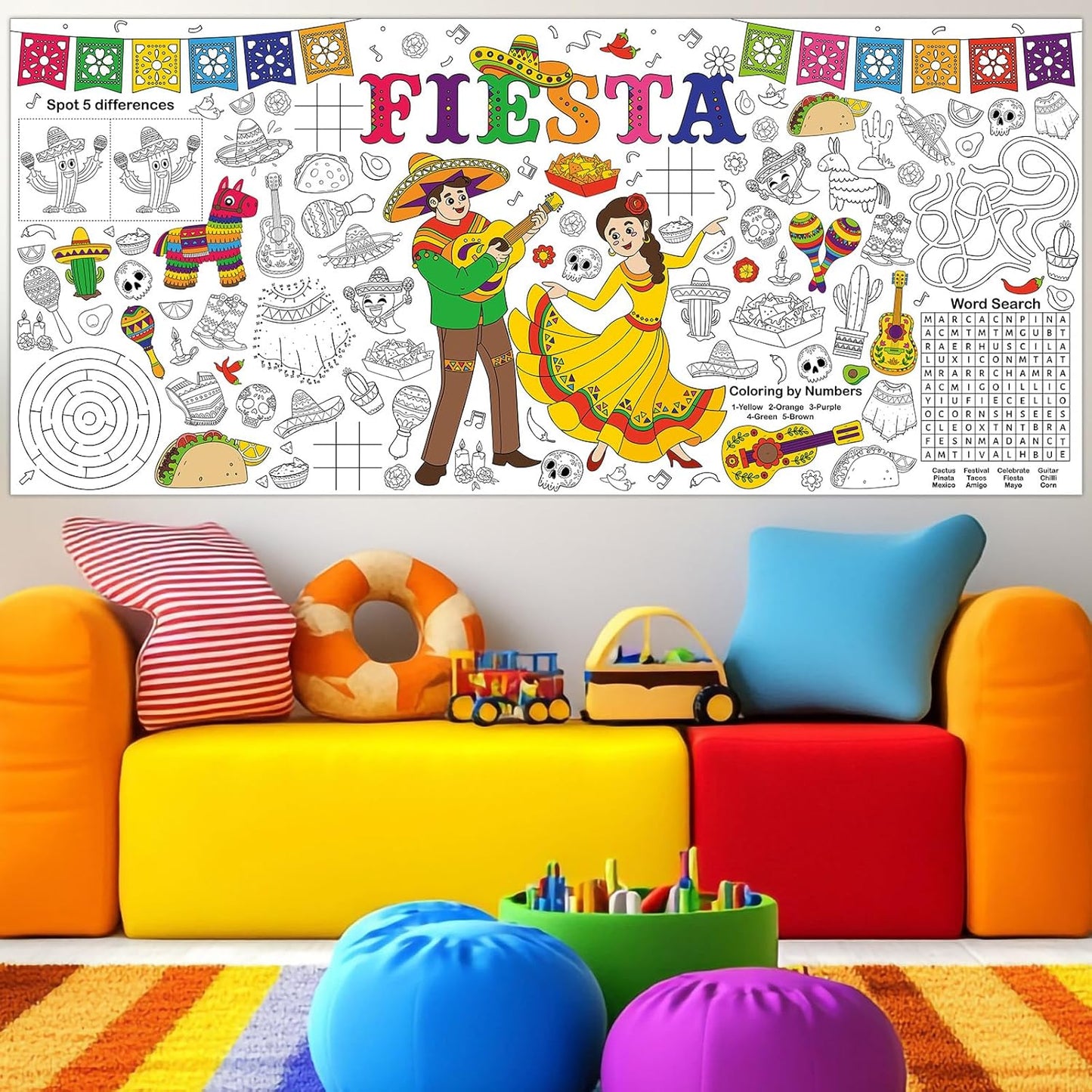 Mexican Fiesta Giant Coloring Poster Large Fiesta Coloring Tablecloth DIY Mexican-Themed Game Poster Drawing Banner Table Cover Art Craft for School Home Classroom Party Activity Supplies