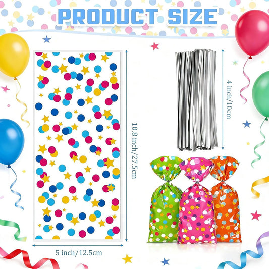 Pajean 100 Pcs Cellophane Treat Bags for Party Favors Polka Dots Goodie Star Treat Candy Bags with 100 Twist Ties Rainbow Stars Theme for Birthday Mother's Day Birthday Weddings Supplies