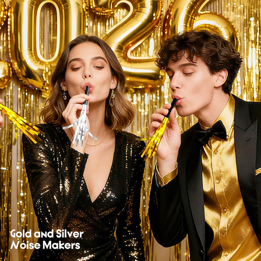 12 Pieces Gold Silver Noise Makers Glitter Noise Makers Metallic Fringed Party Blowers for Adults Birthday Graduation Sporting Events New Years Eve Party Supplies 2026