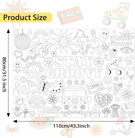 Giant Coloring Poster for Kids Groovy Themed Activity Large Big Boho Hippie Paper Tablecloth Coloring Jumbo Page Sheet Book for Kids School Classroom Home Spring Summer Party Supplies Decorations