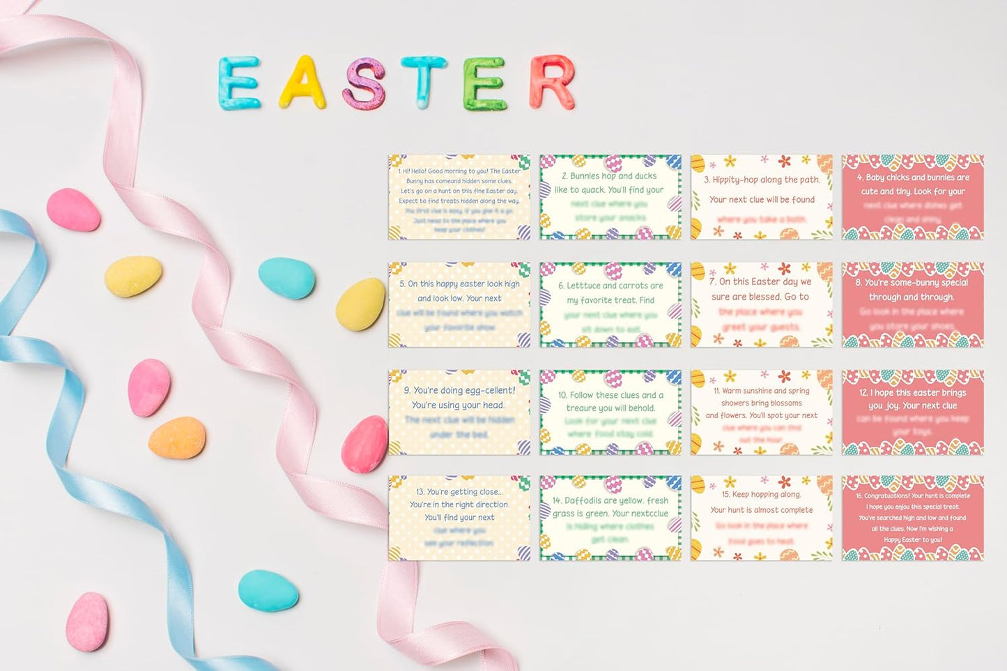Easter Treasure Hunt Clues - Easter Party Scavenger Hunt Clues - Outdoor Indoor Easter Eggs Riddles - Easter Party Games for Adults - Spring Party Activities & Decorations (16 Pack)-01