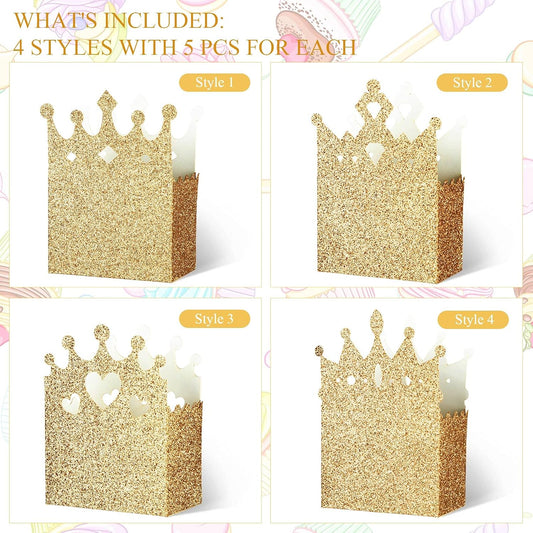 Outus 20 Pieces Princess Crown Boxes Glitter Princess Party decoration Glitter Party Favor Candy Boxes Gold Gifts Container for Wedding Birthday Baby Shower Supplies