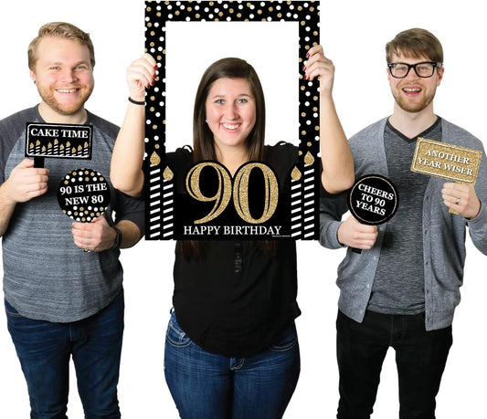 Big Dot of Happiness Adult 90th Birthday - Gold - Birthday Party Selfie Photo Booth Picture Frame & Props - Printed on Sturdy Material