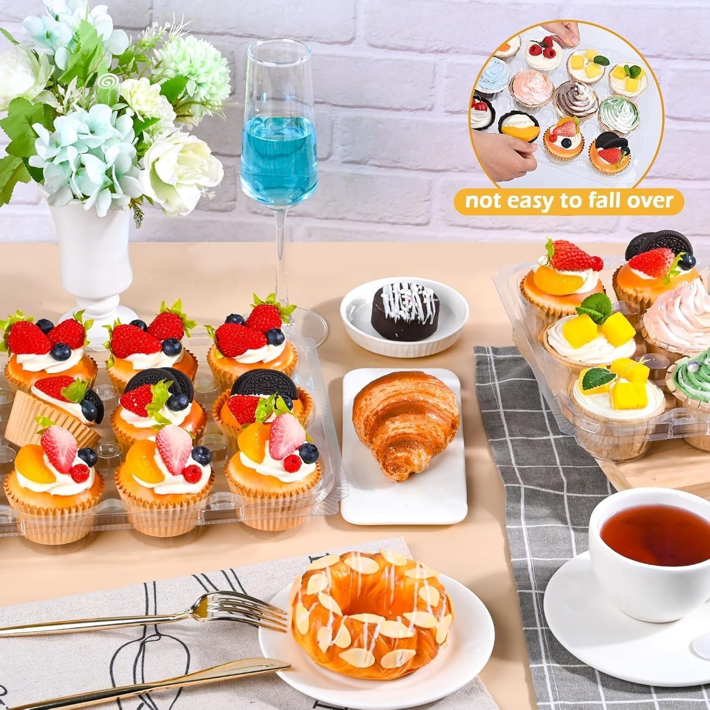 Plastic Cupcake Containers 12 Count (12 Sets), Stackable Cupcake Boxes Holders with Tall Dome Lid, Disposable Cupcake Carrier Trays Include 150 Cupcake Liners