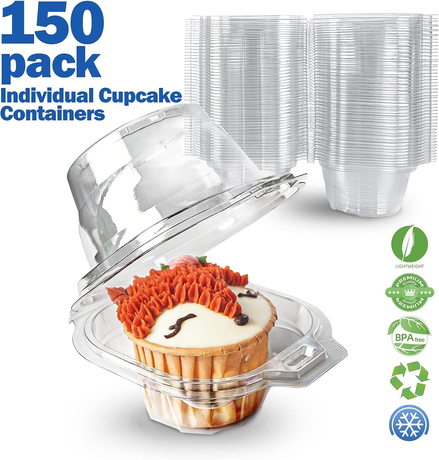 100 Packs Individual Cupcake Containers Stackable Single Compartment Cupcake Disposable Carrier Holder Box Deep Dome Clear Plastic BPA-free (100 PCs)