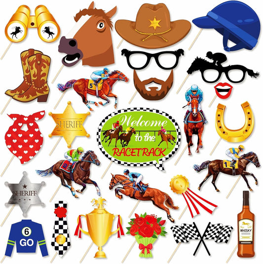 YVAINE Kentucky Horse Photo Booth Frame with 25 Pcs Kentucky Horse Racing Derby Day Photo Booth Props Run for The Rose Photo Frame for Derby Day Birthday Party Supplies