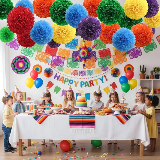 12Pcs Colourful Hanging Tissue Paper Pom Poms,Ceiling Rainbow Pompoms Flowers for Mexican Engagement Fiesta Cinco De Mayo Party Decorations